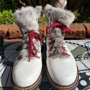 Free People White and Red Fur-Trimmed Boots